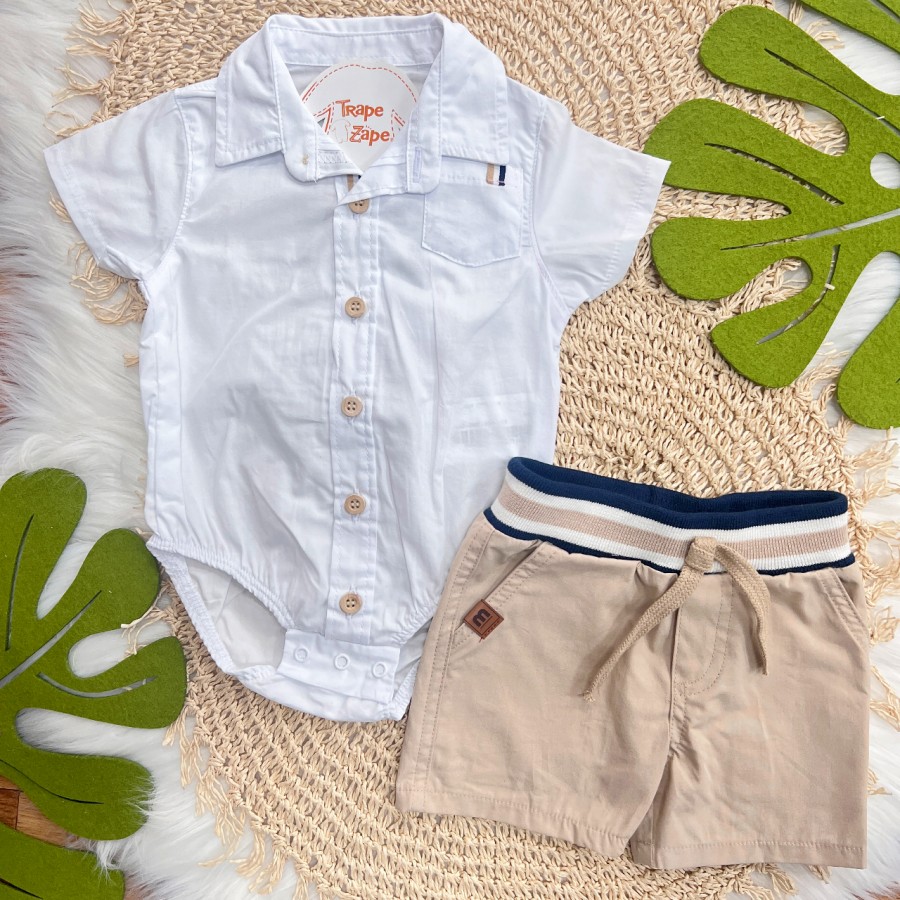 Conj. Body Manga Curta com Gola e Bermuda em Sarja - Branco e Areia